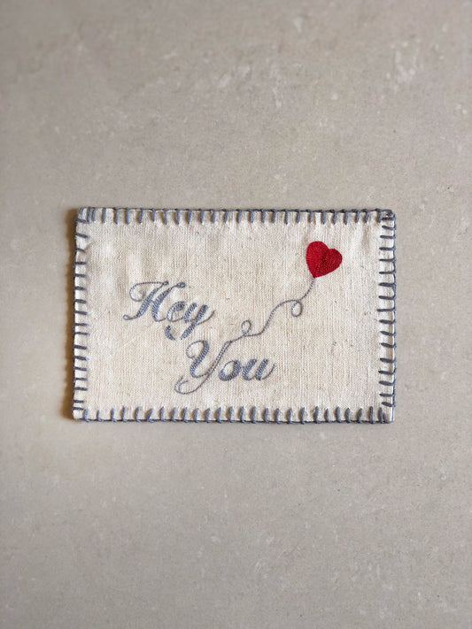 Handmade Valentines Day Postcard - Hey you - Red Heart