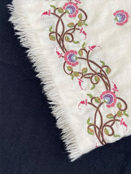 Pashmina Shawl - White with Hand Embroidery - Basket Flowers