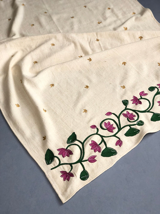 Embroidered Shawl - White with Hand Embroidery - Lotus