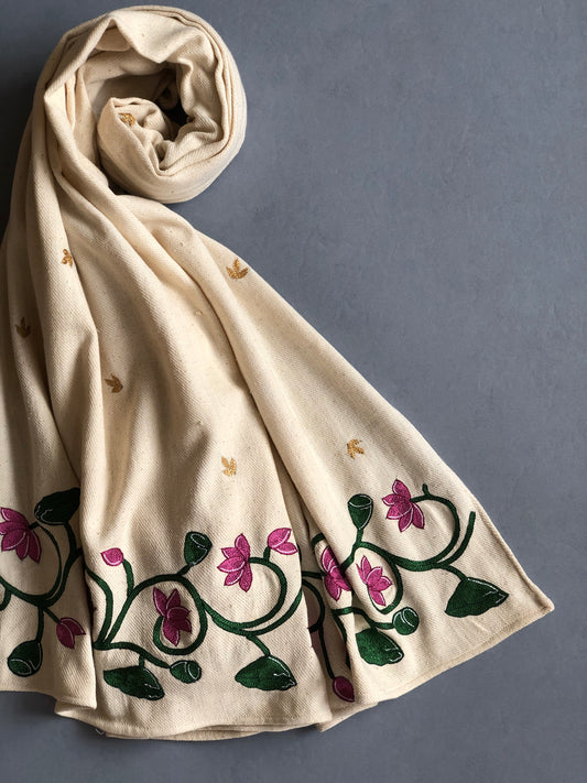 Embroidered Shawl - White with Hand Embroidery - Lotus