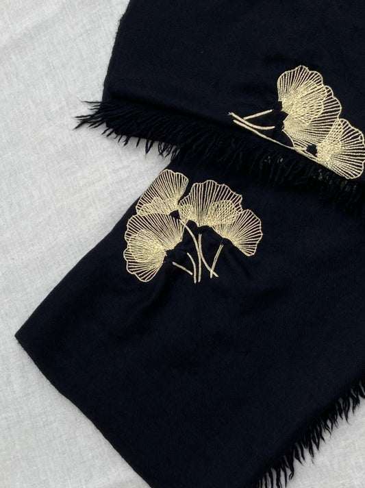 Pashmina Shawl - Black with Hand Embroidery - Ginko Leaves